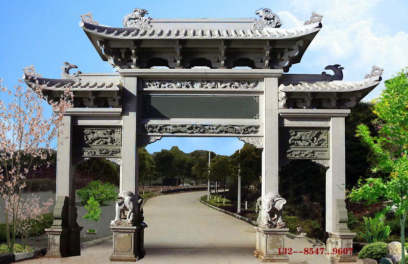 石雕門樓鄉鎮牌樓與石雕單門農村地區經典的雕刻圖片